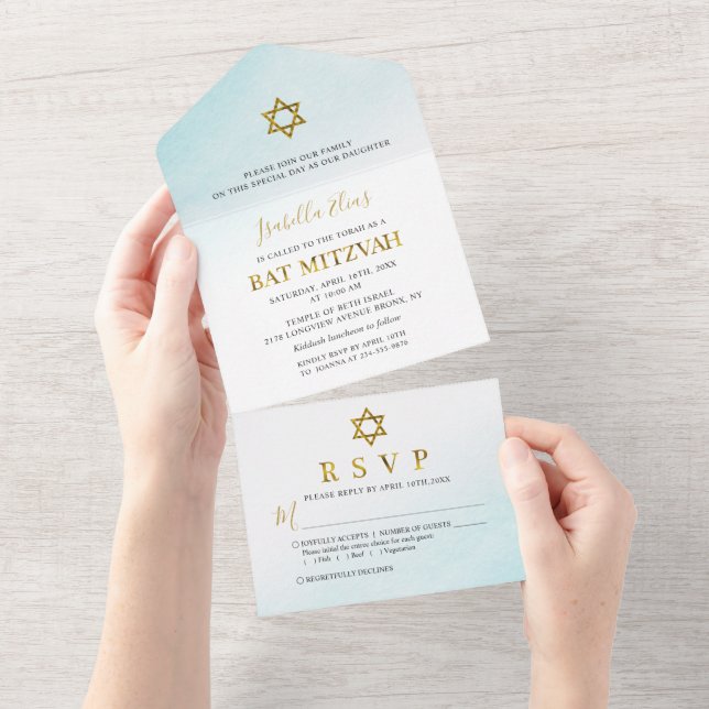 Bat Mitzvah Azul Pastel Aquarela Dourado (Aba destacável)