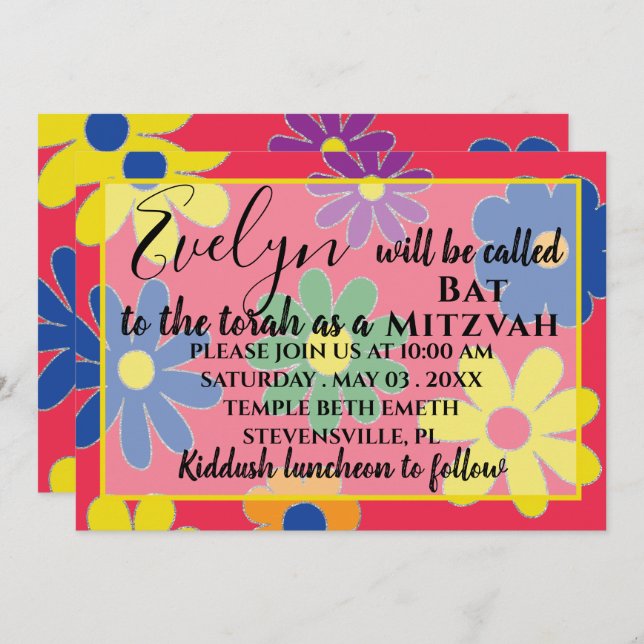 Bat Mitzvah Bar Mitzvah Groovy Flower Convite (Frente/Verso)