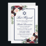 Bat Mitzvah Blue Burgundy Convite Floral<br><div class="desc">Bat Mitzvah Watercolor Burgundy Marsala Blue Cartão de Convite Floral</div>