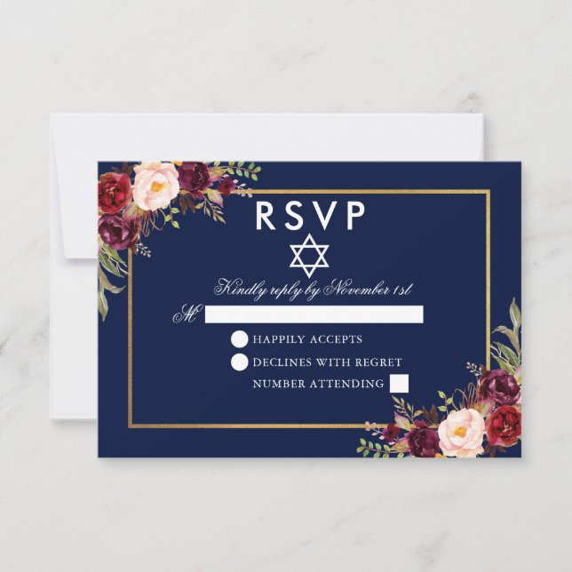 Bat Mitzvah Blue Burgundy RSVP Dourado Floral (Frente)