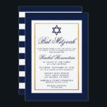 Bat Mitzvah Blue e White Stripes Convite Dourado<br><div class="desc">Bat Mitzvah Blue e Dourado Cartão de Convite - Riscado</div>