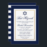 Bat Mitzvah Blue e White Stripes Convite Dourado<br><div class="desc">Bat Mitzvah Blue e Dourado Cartão de Convite - Riscado</div>
