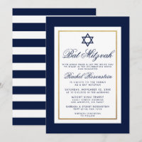 Bat Mitzvah Blue e White Stripes Convite Dourado
