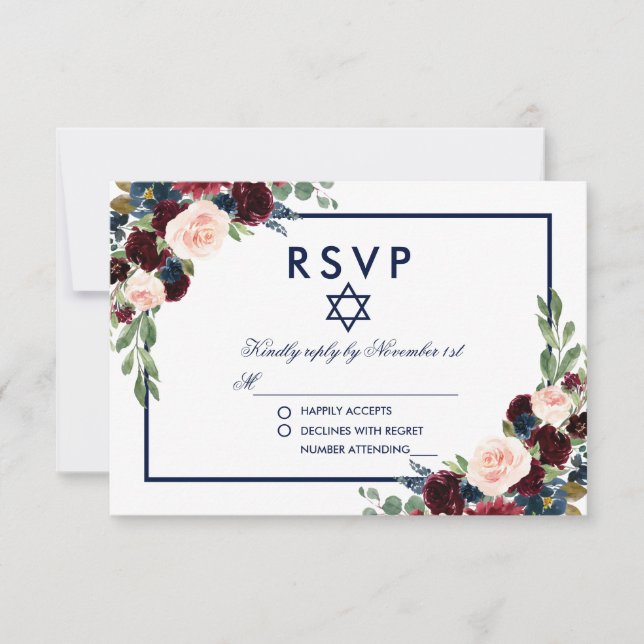 Bat Mitzvah Borgonha Azul Floral RSVP (Frente)