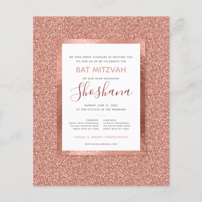 Bat Mitzvah Budget Rosa Dourado Glitter Convite (Frente)