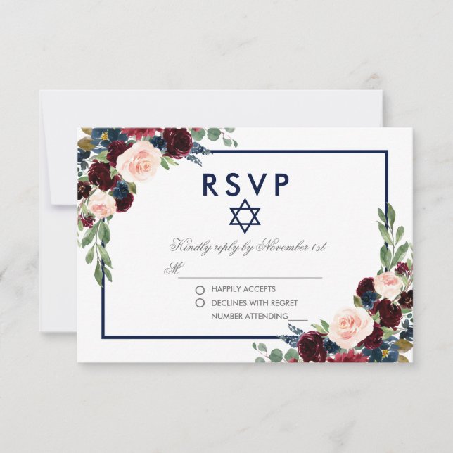 Bat Mitzvah Burgundy Blue Floral Silver RSVP (Frente)