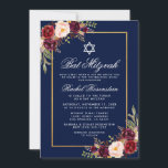 Bat Mitzvah Burgundy Convite Dourado Floral Azul<br><div class="desc">Bat Mitzvah Watercolor Burgundy Marsala Floral Blue Dourado Cartão de Convite</div>