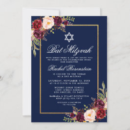 Bat Mitzvah Burgundy Convite Dourado Floral Azul