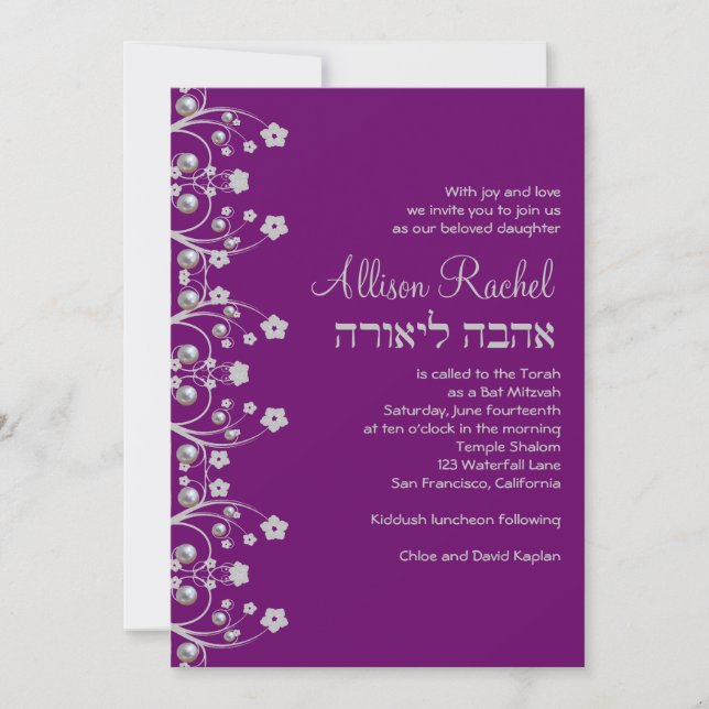 Bat Mitzvah Convite Allison Flores e Pérolas (Frente)