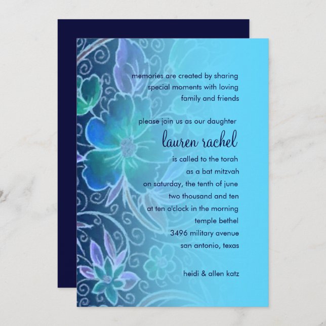 Bat Mitzvah Convite Azul Floral Doce (Frente/Verso)