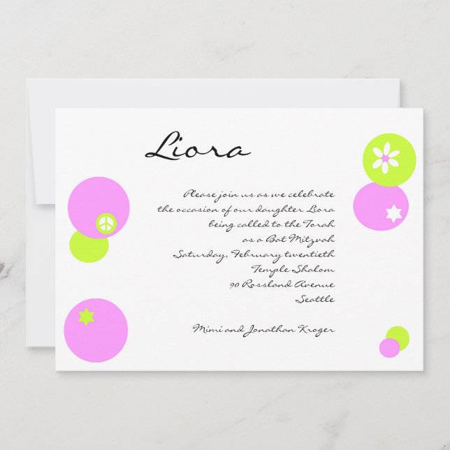 Bat Mitzvah Convite CIrcles Rosa Verde (Frente)