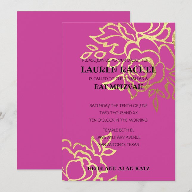 Bat Mitzvah Convite Dourado Floral a Qualquer Cor (Frente/Verso)