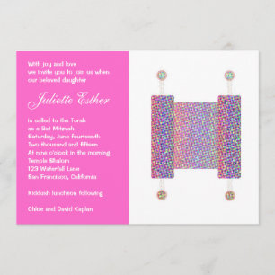 Bat Mitzvah Convite Festivo Torah Scroll Rosa