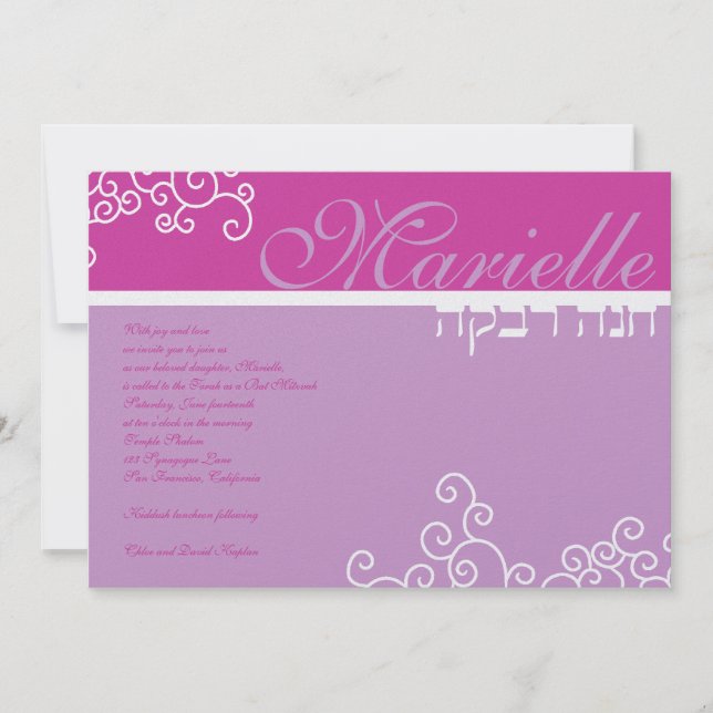 Bat Mitzvah Convite Marielle Hebraico Rosa (Frente)