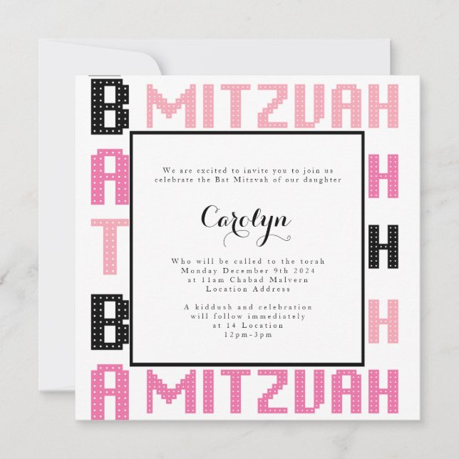 Bat Mitzvah Convite para o tema Rosa e Negro (Frente)