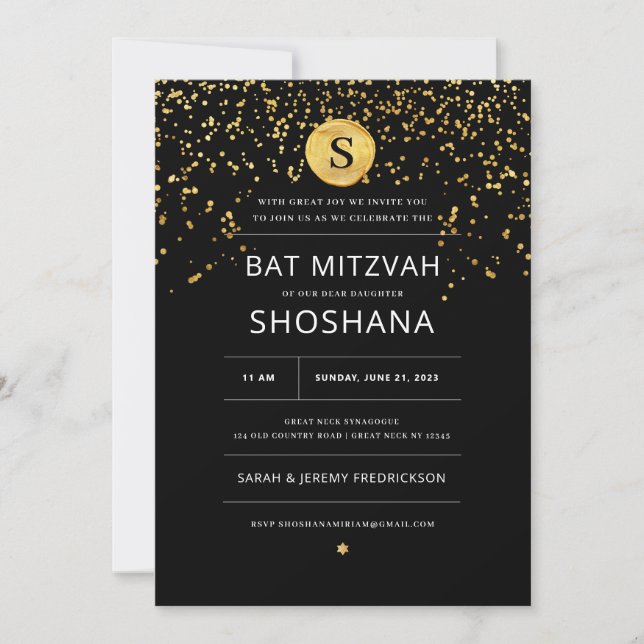 Bat Mitzvah Dourado Convite Glitter (Frente)