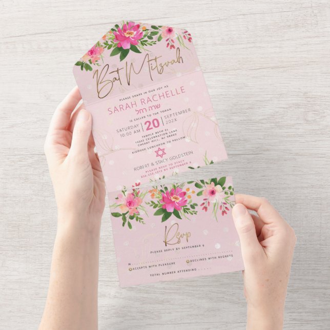 Bat Mitzvah Dourado Script Cor-de-Água Floral Rosa (Aba destacável)