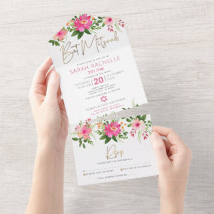 Bat Mitzvah Dourado Script Rosa Floral Aquarela