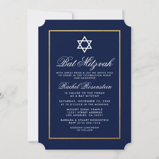 Bat Mitzvah Elegant Blue e Dourado Convite (Frente)
