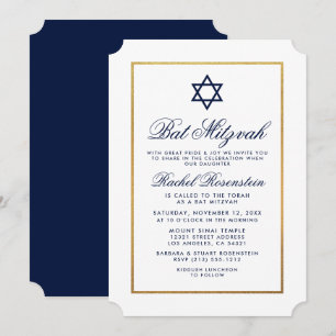 Bat Mitzvah Elegante Convite Dourado Azul