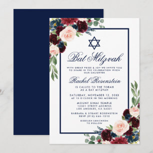 Bat Mitzvah Floral Borgonha Azul Convite