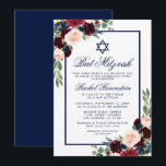 Bat Mitzvah Floral Burgundy Blue Convite<br><div class="desc">Bat Mitzvah Watercolor Burgundy Marsala Blue Cartão de Convite Floral</div>