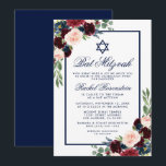 Bat Mitzvah Floral Burgundy Blue Convite<br><div class="desc">Bat Mitzvah Watercolor Burgundy Marsala Blue Cartão de Convite Floral</div>