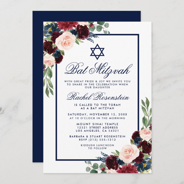Bat Mitzvah Floral Burgundy Blue Convite (Frente/Verso)
