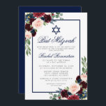 Bat Mitzvah Floral Burgundy Blue Silver Convite<br><div class="desc">Bat Mitzvah Watercolor Burgundy Marsala Blue Floral Silver Card</div>