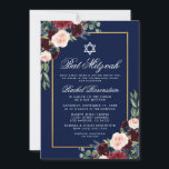 Bat Mitzvah Floral Burgundy Dourado Convite Azul<br><div class="desc">Bat Mitzvah Watercolor Burgundy Marsala Blue Floral Dourado Cartão de Convite</div>