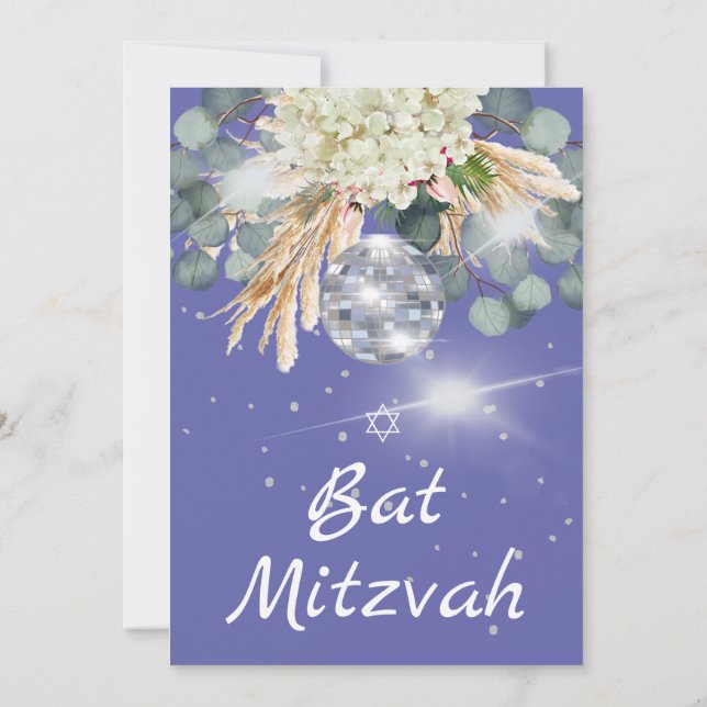 Bat Mitzvah Floral Disco Ball Purple Convite (Verso)