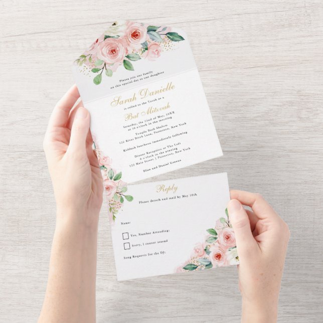 Bat Mitzvah, Flores de Aquarela Rosa e Dourada (Aba destacável)