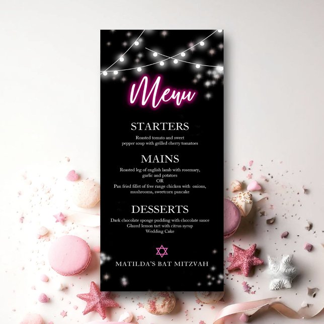 Bat Mitzvah Hot Pink Neon Themed Menu (Criador carregado)