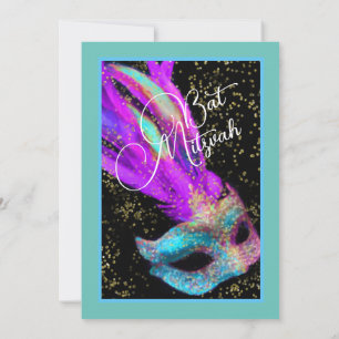 Bat Mitzvah Mascarada Black Pink Blue Convite