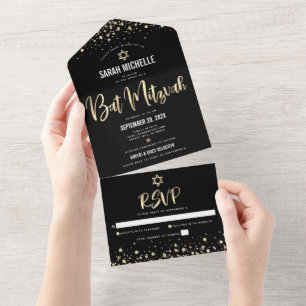 Bat Mitzvah Moderno Preto Dourado Brilho Script Ne