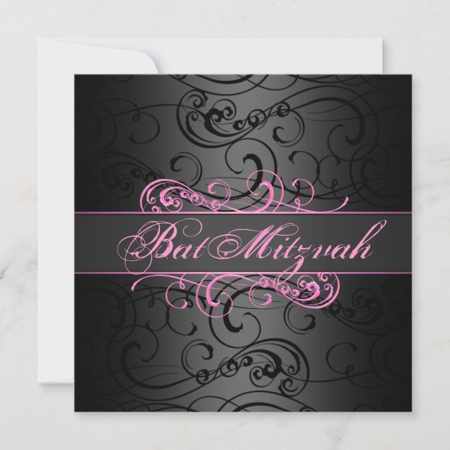 Bat Mitzvah Pink & Black Swirl Convite de Aniversá (Frente)