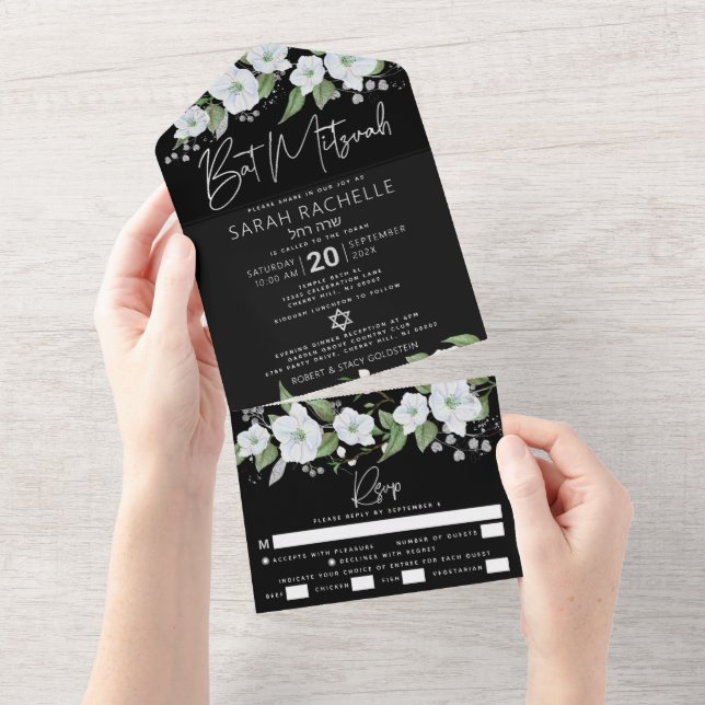 Bat Mitzvah Preto Prata Script Aquarela Floral (Tearaway)