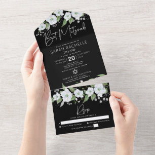 Bat Mitzvah Preto Prata Script Floral Aquarela