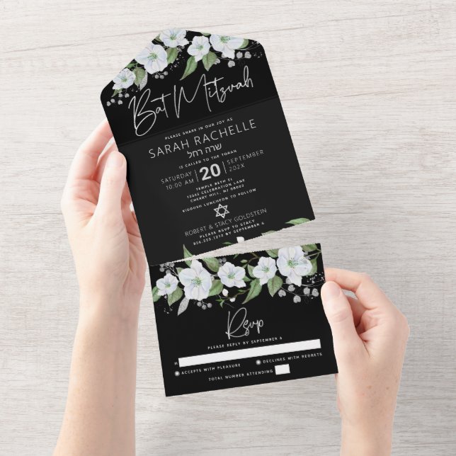 Bat Mitzvah Preto Prata Script Floral Aquarela (Tearaway)