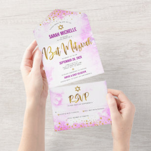Bat Mitzvah rosa aquarela dourado moderno script