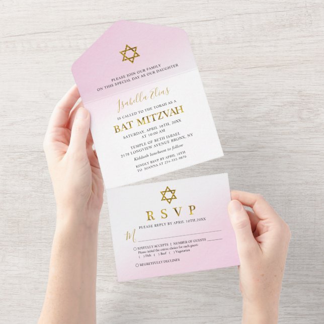 Bat Mitzvah Rosa Pastel Dourado Aquarela (Aba destacável)