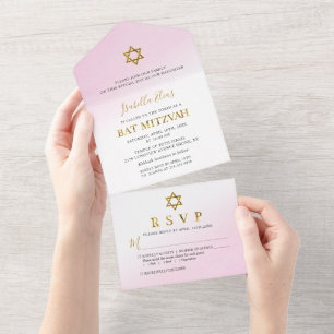 Bat Mitzvah Rosa Pastel Dourado Aquarela