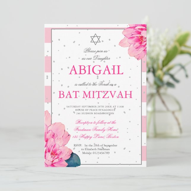 Bat Mitzvah Rosas Rosa Hebraicas Convite Prateado  (Em pé/Frente)