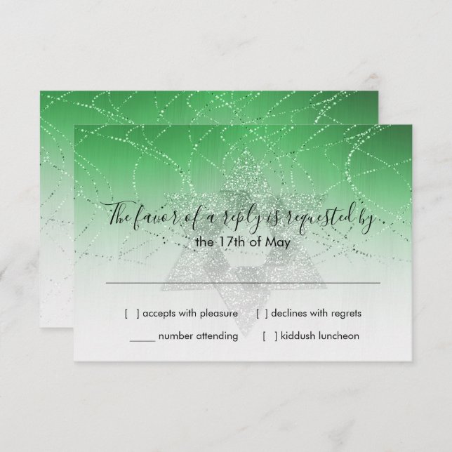 Bat Mitzvah RSVP Glittery Star Green (Frente/Verso)