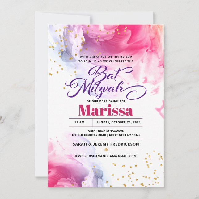 Bat Mitzvah Script Watercolor Convite (Frente)