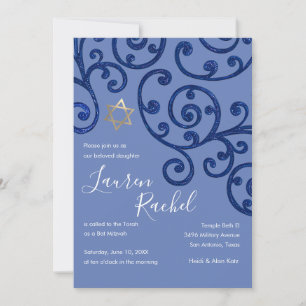 Bat Mitzvah Scroll Padrão Blue Convite
