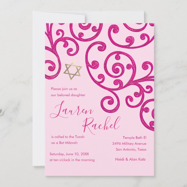 Bat Mitzvah Scroll Padrão Rosa Convite (Frente)