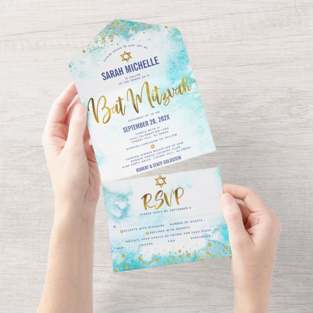 Bat Mitzvah Turquoise Watercolor Dourado (Aba destacável)