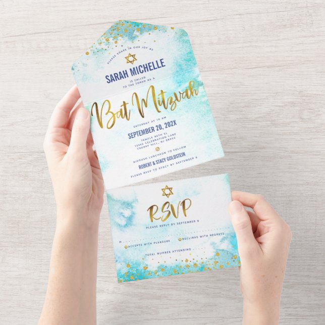 Bat Mitzvah turquoise watercolor gold script (Aba destacável)