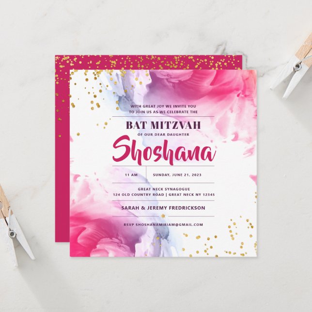 Bat Mitzvah Watercolor Glitter Convite (Frente/Verso In Situ)